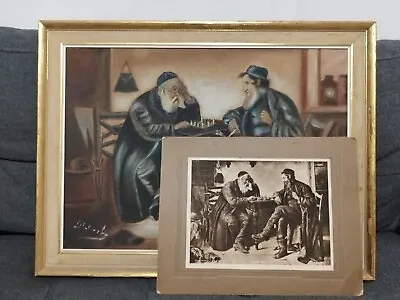 Europe Antique Oil Painting Rabbi's Playing Chess Jewish & Cabinet Warsaw Poland • $1999.99