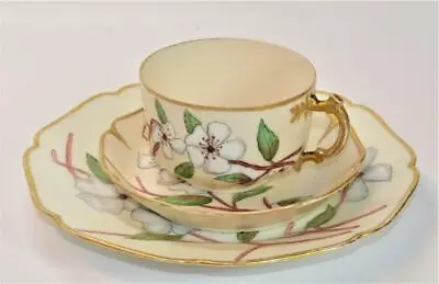Atq HAVILAND LIMOGES Hand Painted Signd AL CHERRY BLOSSOM Trio Cup Saucer Plate • $89.99