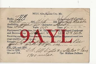 1923  9AYL  Kansas City Mo.    QSL Radio Card • $6