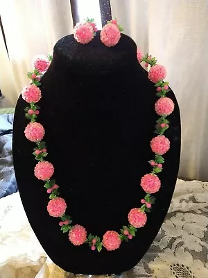 VENDOME Signed Hot Pink Beaded Cha Cha Vintage Necklace Earrings WOW • $135