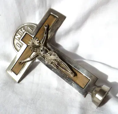 Chrome Steel With Wood Veneer Inlay Christ On Cross Crucifix 19cms - NEEDS STAND • £25