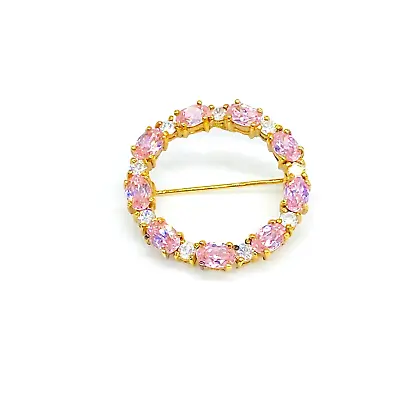 VTG Open Circle Brooch 925 Sterling Gold Tone Overlay Pink Crystal Rhinestones • $22.97
