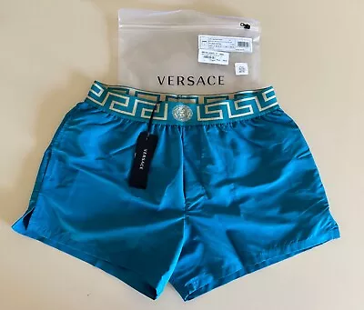 NWT Versace Mens Greca Border Swim Trunks Teal Blue Green Size 4 M MSRP: $350 • $195