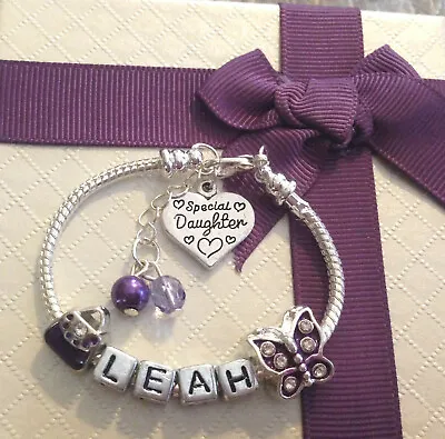 Personalised ANY NAME Daughter Sister Niece Girls Purple Charm Bracelet Gift Box • £5.99
