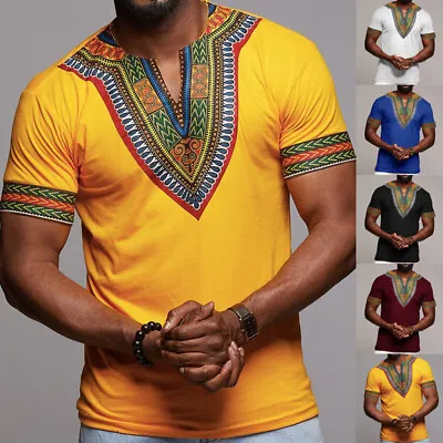 Mens African Ethnic Clothing Dashiki Style Printing Tops T Shirt Blouses UK • £23.99