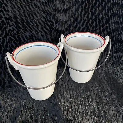 NEW ~ Two Pottery Barn Cream French Fry Buckets W/ Handle - Red And Blue Stripes • $18.68
