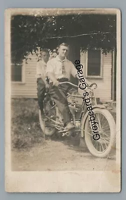 RPPC Portrait Of 2 Guys On HARLEY DAVIDSON MOTORCYCLE Real Photo Postcard • $29.99