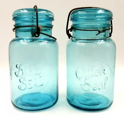 Vintage Set Of 2 Blue Bail Top 1 Quart Canning Jars ~ Safe Seal & Quick Seal • $19.99
