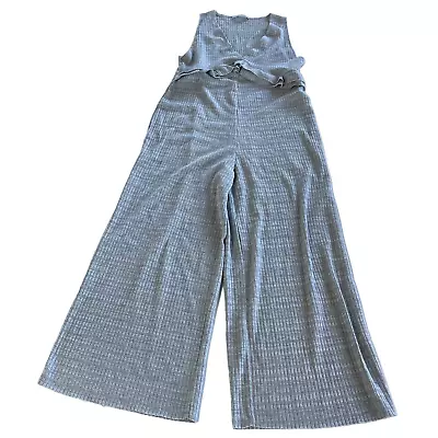 ZARA Jumpsuit Women Medium Solid Gray V Neck Sleeveless Knit Ruffle Stretch Poly • $19.99