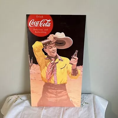 Rare Vintage Coca Cola Metal Sign Cowboy Drinking  In Desert - Brass Back • $65