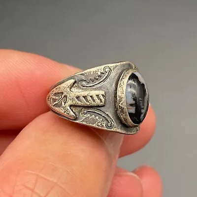 Vintage Navajo Thunderbird Arrow Petrified Wood Silver Stamped Ring Size 4 • $285