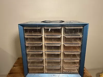 Vintage Akro-Mils Blue Metal Box W/ Handle 18 Drawers Garage Small Storage • $44