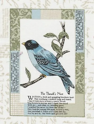 Fabric Picture Panel Thrush & Poem Bird - 100% Cotton  15 X 12 Cm Quilting Block • £1.45