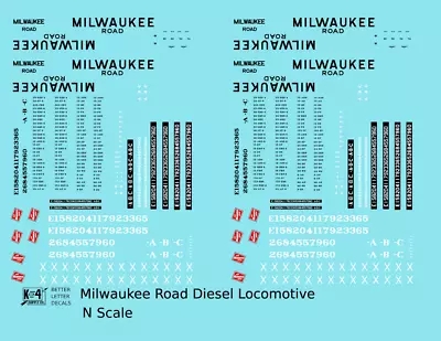 K4 N Scale Decals Milwaukee Road Diesel Locomotive Black • $7.45