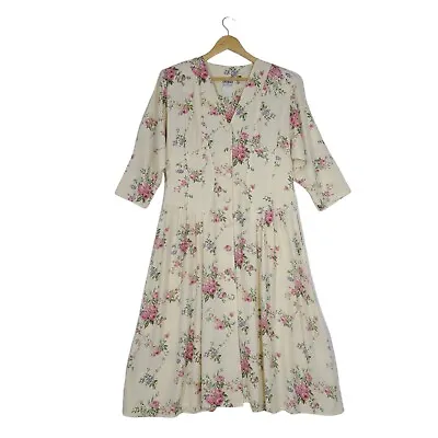 Vtg 80s Atina By Karon Crosby Dress Cottagecore Floral Button Front Pleated | 14 • $39.99