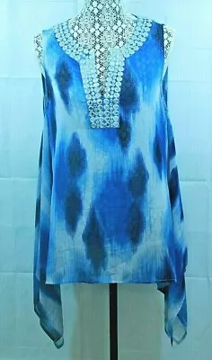 Michael Kors Tunic Womens Blue Boho V Neck Sheer Sleeveless Top Size L • $27.99