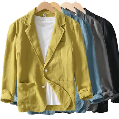 Mens Casual Jacket Formal Business Cotton Linen Blazer Two Button Slim Fit Suits • $36.09