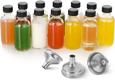 12 Pack 2 Oz Small Clear Glass Bottles With Lids & 3 Stainless Steel Funnels New • $14.46