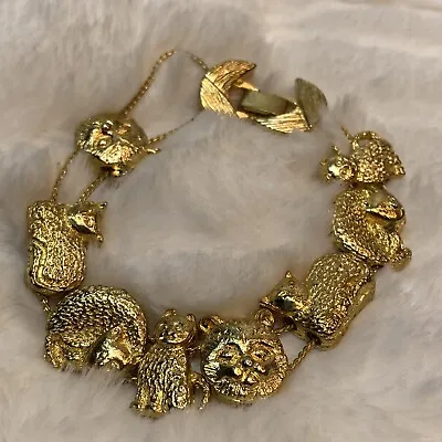 Cat Charm Slide Bracelet Gold Tone Chunky Kitten Vintage 7.5” • $18