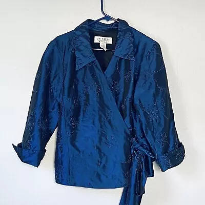 J.R. Nites Top Plus Size 16W Blue Satin Embroidered Wrap Blouse Shirt Vintage • $24.90