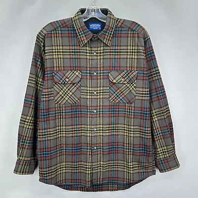 Pendleton Shirt Mens Large Virgin Wool Work Field Flannel Brown Tartan Plaid VTG • $44.99