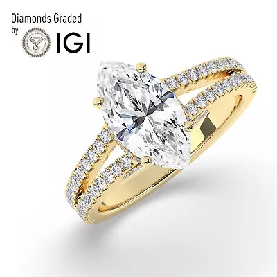 Marquise Solitaire Hidden Halo Yellow Gold Engagement Ring 2.50ctLab-grown IGI • $2602