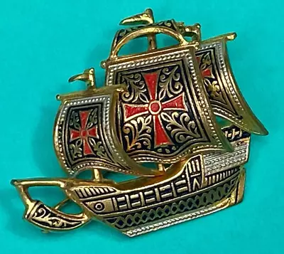 Vintage Galleon Spanish Sailing Ship Brooch Pin Gold Tone - Made In Spain • $23.50