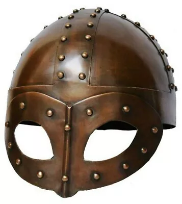 Deluxe Viking Mask COPPER Plated Helmet W/Liner & Black Cha Strap-Medieval Repli • $78.99
