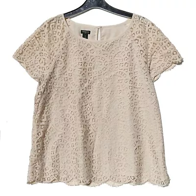 J Crew Ivory Lace Blouse Short Sleeves Scalloped Edges Lined Scoop Neck Cream 10 • $14.99