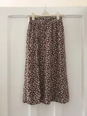 £5.99 • Buy Brown Ditsy Floral Midi Skirt With Elasticated Frill Waist & Leg Slit - XS