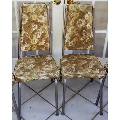 $180 • Buy Set Of Vintage Dining Chairs Mid Century Modern Brown Yellow/green Floral Chrome