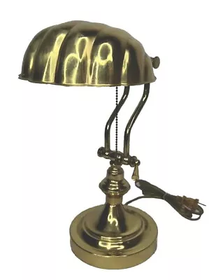 Vintage 1980's Brass Desk Lamp Clam Shell Shade Bankers Height 14 Inches • $95