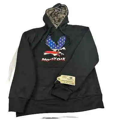 NEW Mossy Oak Men's Size L Black Hoodie With American Flag Eagle Camo NWT • $30