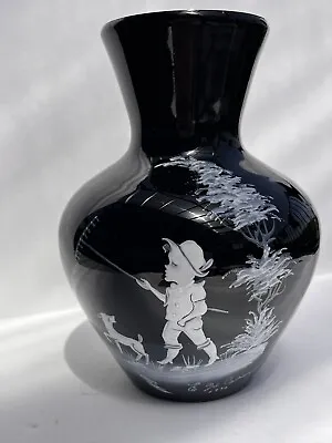 Vintage 1970 Westmoreland Black Vase Hand Painted Mary Gregory Boy & Dog Steeley • $39.95
