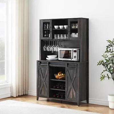 Liquor Cabinet With Wine And Glass Holder 70  Rustic Buffet Cabinet For Kitchen  • $259.88