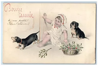 New Year Little Girl Playing Dachshund Dog Berries Mistletoe France Postcard • $14.98