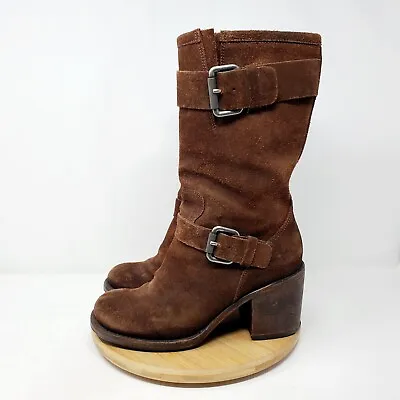 Vera Wang Boots Womens 7 Brown Suede Belted Buckle Moto Block Heel Lagenlook • $59.95