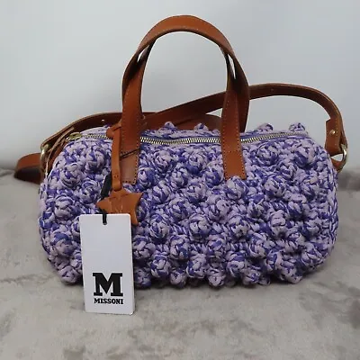 M Missoni Bag Crochet Popcorn Pom Pom Knit Cotton Purple Crossbody Strap NEW • $299