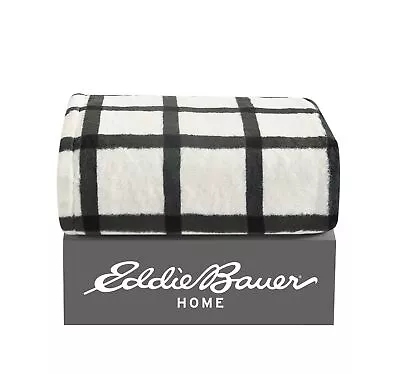 Eddie Bauer Bunkhouse Plaid Faux Fur Grey & Ivory Throw Blanket-50X60 • $15.99