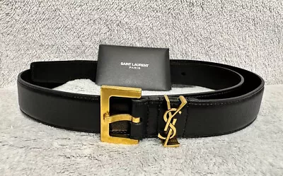 Saint Laurent YSL Leather Slim Belt Black Gold Logo Size:90  $545 New 2024! • £352.35