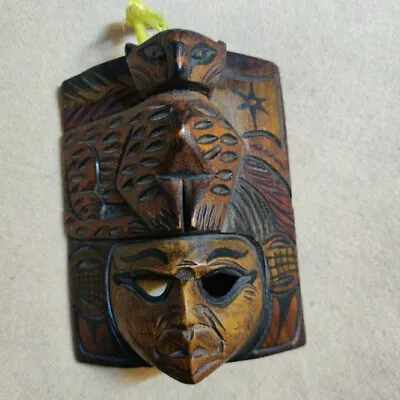 Hand Carved Folk Art Wood Warrior Masks MAYAN Cheetah Hang Loop  Read Descriptio • $22