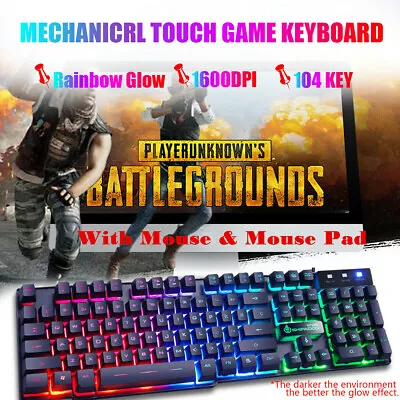 Gaming 1600 DPI Wired Keyboard + Mouse + Pad Set Illuminated LED USB PC Laptop • $22.79