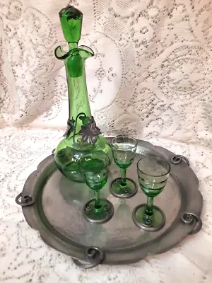 Vintage Denmark Green Glass LIQUOR CORDIAL Decanter Pewter Tray • $45