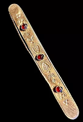 Antique Victorian Bohemian Garnet Hand Engraved Floral Gold Filled Bar Brooch • $65