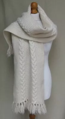 Vintage Pure Wool Cream Hand Knitted Aran Style Cable Knit Scarf Large • £18