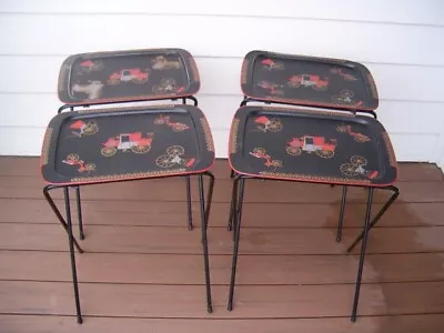 Four - 1960's Vintage Mid-Century Modern Cal Dak Metal TV Trays Antique Autos • $104.95