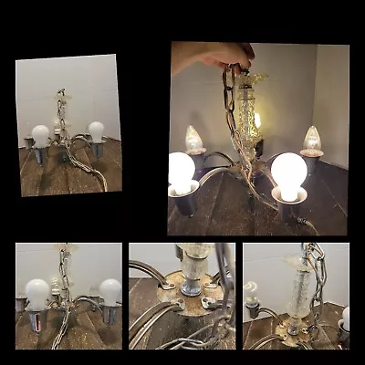 Vintage Mid-Century 5 Arm Light Ceiling Metal Light Fixture Chandelier Glass  • $62