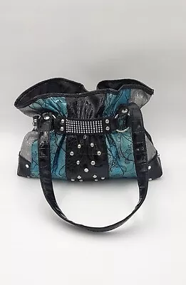 Steampunk Style Shoulder Bag Purse Blue Stud Rhinestone Accent Faux Alligator • $14.99