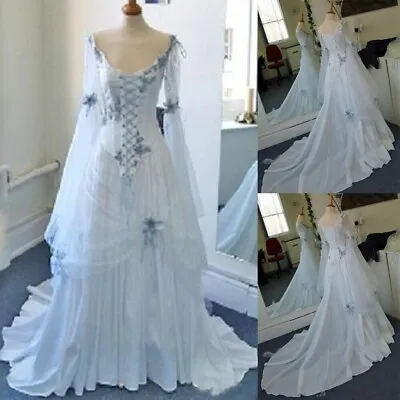 Vintage Celtic Wedding Dresses Medieval Bridal Gowns Scoop Corset Long Sleeves • $131.12