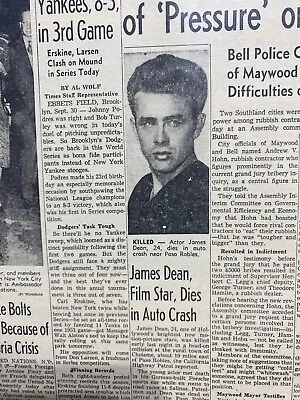 Vintage Newspaper Headline  James Dean Star Dies Auto Crash Porsche Spider 1955 • $14.95